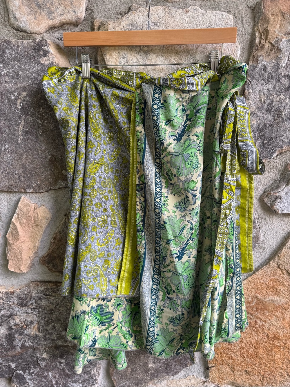 Upcycled Silk Blend Reversible Sari Wrap Skirt Green Boho Paisley Festival